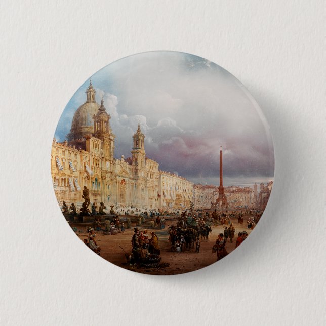 Ein lebhafter Markt auf der Piazza Navona in Rom Button (Vorderseite)