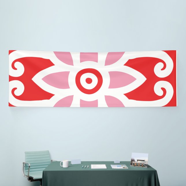 Ein lebhaftes, rot-weißes Design mit einem delikat Banner (Messeveranstaltung)