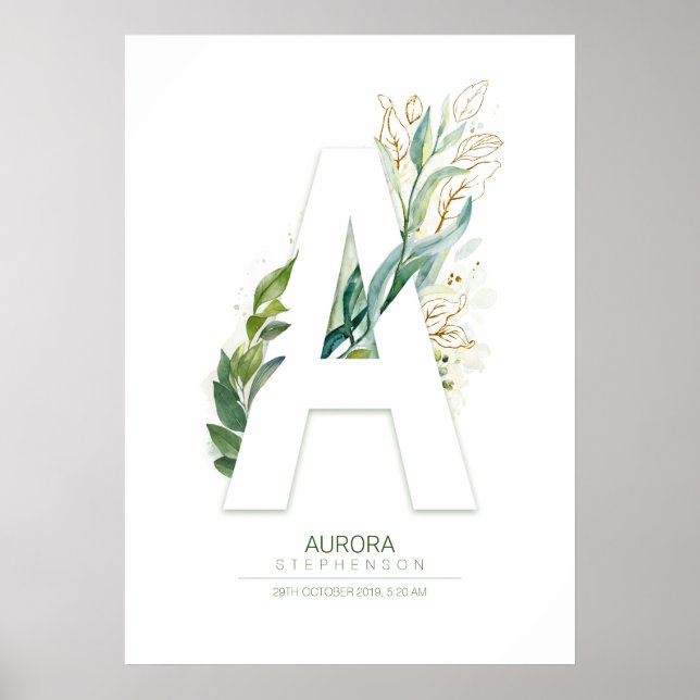 Ein Letter Monogram Gold Greenerage Foliage Chic Poster (Vorne)