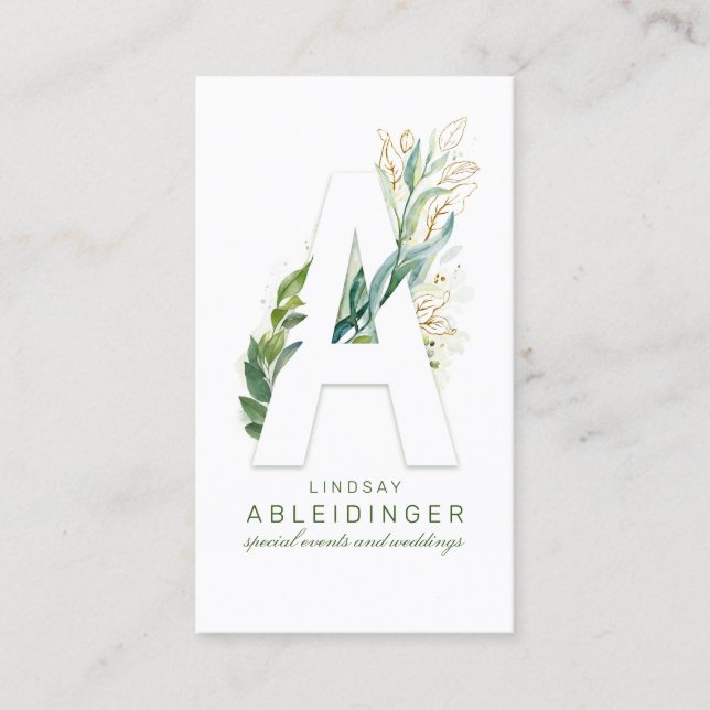 Ein Letter Monogram Gold Greenery Verlasst Elegant Visitenkarte (Vorderseite)