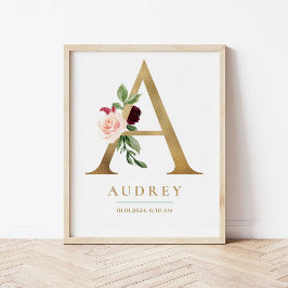 Ein Letter Monogram Name Marsala Floral Kinderzimm Poster