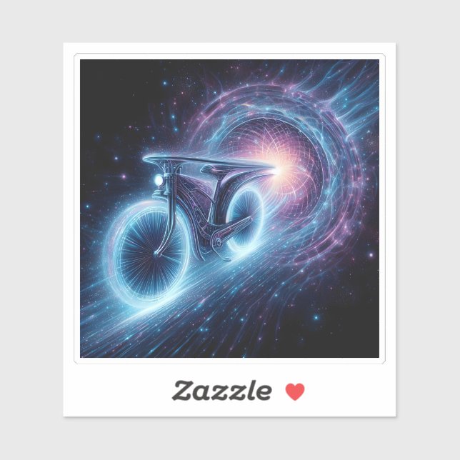 Ein leuchtendes Fahrrad fährt durch einen kosmisch Aufkleber (Blatt)