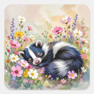 Ein liebenswerter Stinktier, der in Blumen schläft Quadratischer Aufkleber