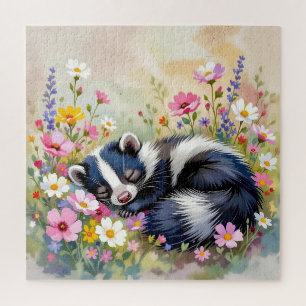 Ein liebenswerter Stinktier, der in Blumen schlumm