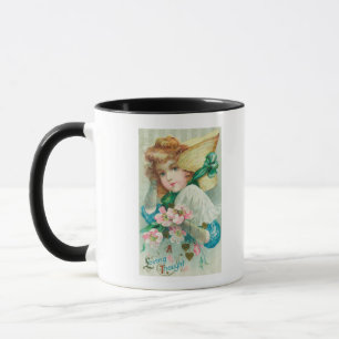 Ein liebevolles Gedanken-Mädchen mit Mütze Tasse