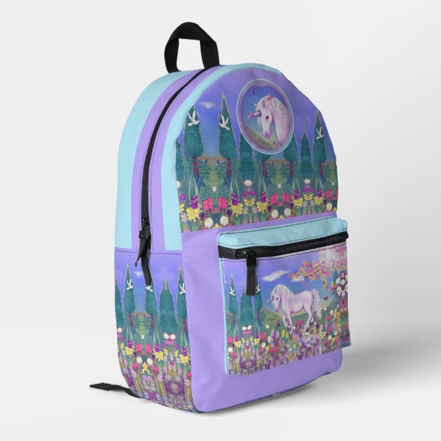 Ein lila Paradies Bedruckter Rucksack (Rückseitige Ecke links)