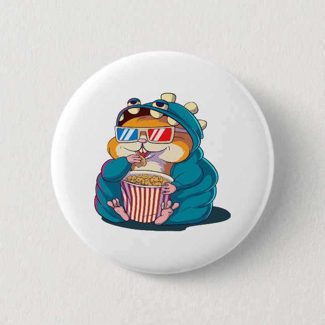 Ein lustiger Hamster mit Brille isst Popcorn Button (Vorderseite)