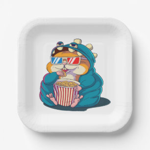 Ein lustiger Hamster mit Brille isst Popcorn Pappteller