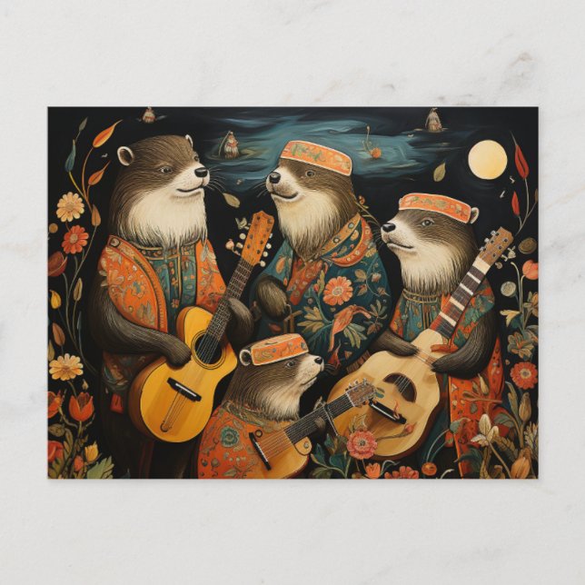 Ein lustiges Quartett bezaubernder Otter-Musiker Postkarte (Vorderseite)