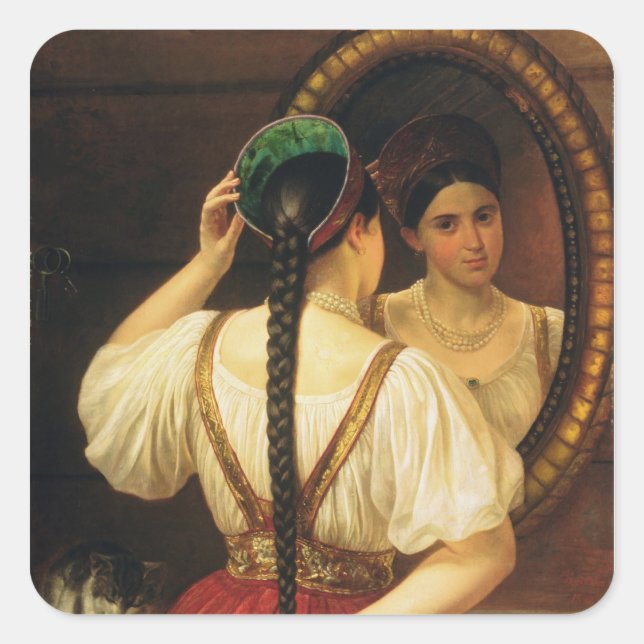 Ein Mädchen am Spiegel, 1848 Quadratischer Aufkleber (Vorderseite)
