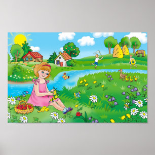 Ein Mädchen auf der Wiese, im Sommer. Poster