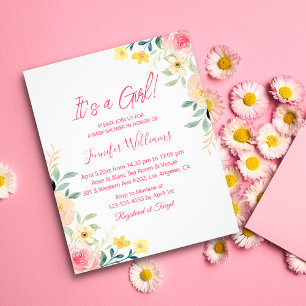 ein Mädchen, eine rosa Blumendusche, eine Einladun Flyer