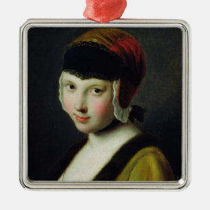 Ein Mädchen mit einer schwarzen Maske Silbernes Ornament