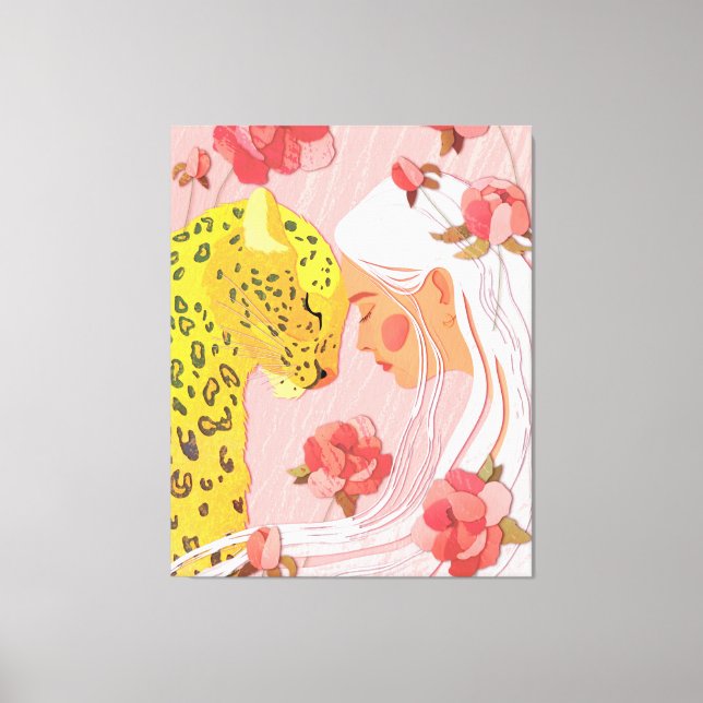 ein Mädchen mit Leopard. Leinwanddruck (Vorderseite)