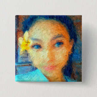 Ein Mädchen mit Plumeria-Blume - Impressionist Button