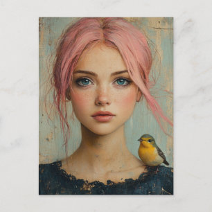 Ein Mädchen mit rosa Haaren und einem Vogel auf ih Postkarte