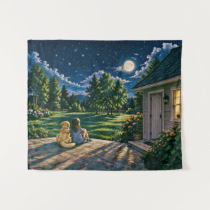 Ein Mädchen und ihr Hund unter dem Mond Wandteppich