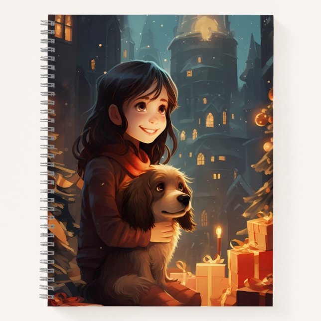 Ein Mädchen und ihr Hund zu Weihnachten Notizbuch (Vorderseite)