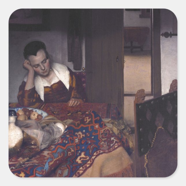 Ein Mädchenschläft von Johannes Vermeer Quadratischer Aufkleber (Vorderseite)