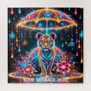 Ein magischer Fantasy-Tiger unter einem Regenschir