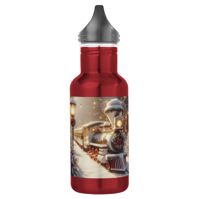 Ein magischer Winter Wonderland Weihnachtszug Edelstahlflasche (Links)