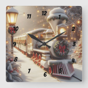 Ein magischer Winter Wonderland Weihnachtszug Quadratische Wanduhr