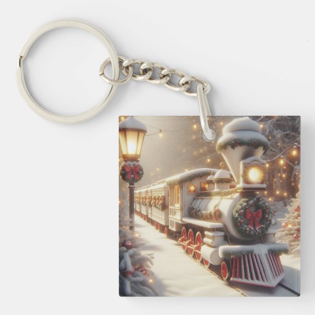 Ein magischer Winter Wonderland Weihnachtszug Schlüsselanhänger (Vorderseite)
