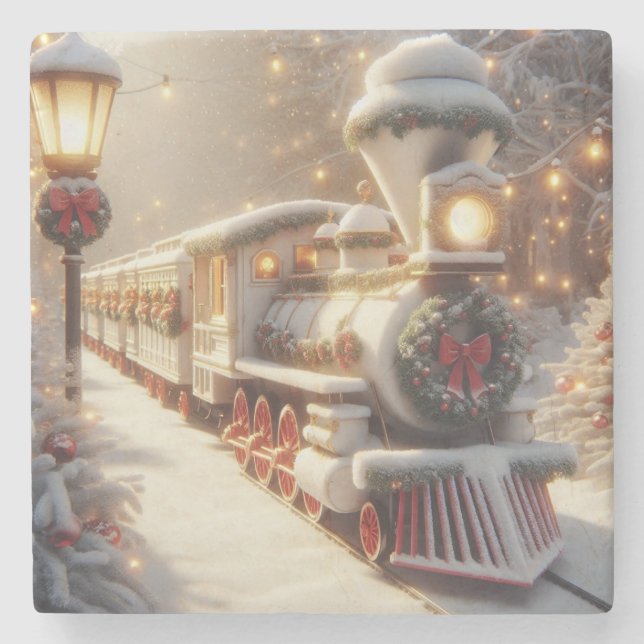 Ein magischer Winter Wonderland Weihnachtszug Steinuntersetzer (Vorderseite)