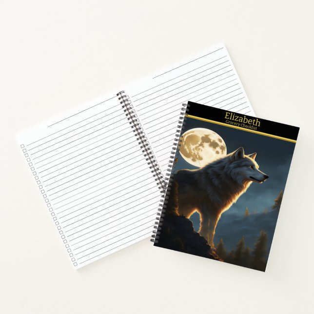 Ein majestätischer Wolf, der nachts unter Vollmond Notizbuch (Innenseite)