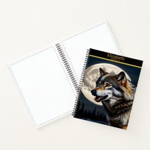 Ein majestätischer Wolf heult am hellen Mondlicht Notizbuch