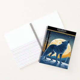 Ein majestätischer Wolf heult unter dem glühenden  Notizbuch