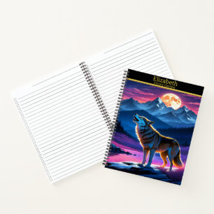 Ein majestätischer Wolf heult unter einem pulsiere Notizbuch