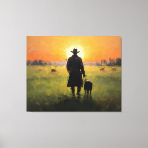 ein Mann, der auf einem Feld mit Sonnenuntergang e Leinwanddruck