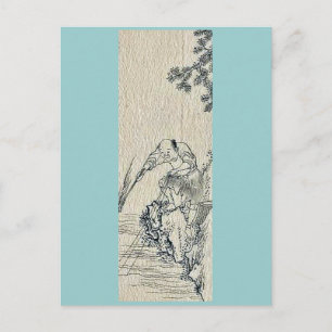 Ein Mann, der vom Ufer eines Flusses Ukiyo-e fisch Postkarte