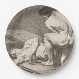 Ein Mann hebt die Legen eines anderen Mannes Pappteller