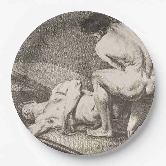 Ein Mann hebt die Legen eines anderen Mannes Pappteller (Vorderseite)