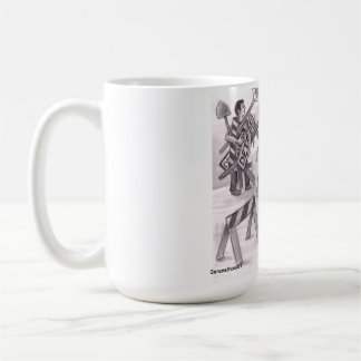 Ein Mann wütend zeigt mit dem Finger auf einen and Kaffeetasse