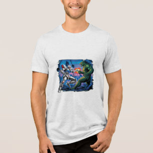 Ein Mecha-Roboter, der gegen ein Riesenmonster käm Tri-Blend Shirt