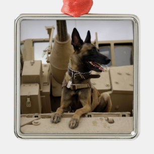 Ein Militärfunktionshund sitzt auf einem M2A3 Silbernes Ornament