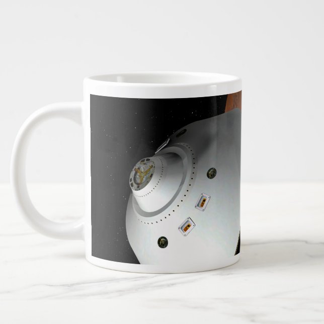 Ein mit Aeroshell angereichertes Raumfahrzeug nähe Jumbo-Tasse (Links)