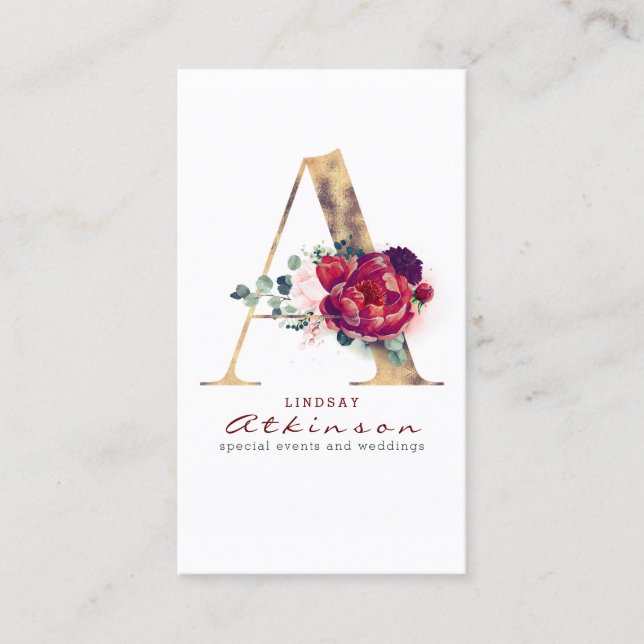 Ein Monogramm Burgundy Red Blume and Imitats Gold Visitenkarte (Vorderseite)