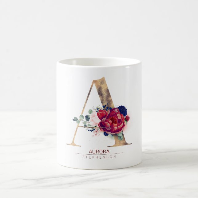 Ein Monogramm Floral Burgund Rot und Navy Blau Kaffeetasse (Mittel)