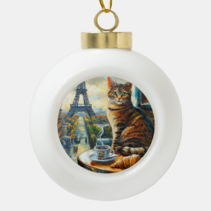 Ein Morgen in Paris   Getigelte Katze im Café Keramik Kugel-Ornament