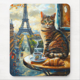 Ein Morgen in Paris Getigelte Katze im Café Mousepad