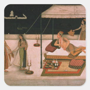 Ein Mughal Prinz, der eine Dame nachts empfängt Quadratischer Aufkleber