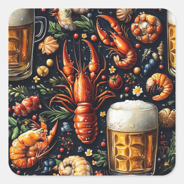 Ein Muster für Bier- und Meeresfrüchtefreunde. Quadratischer Aufkleber (Vorderseite)