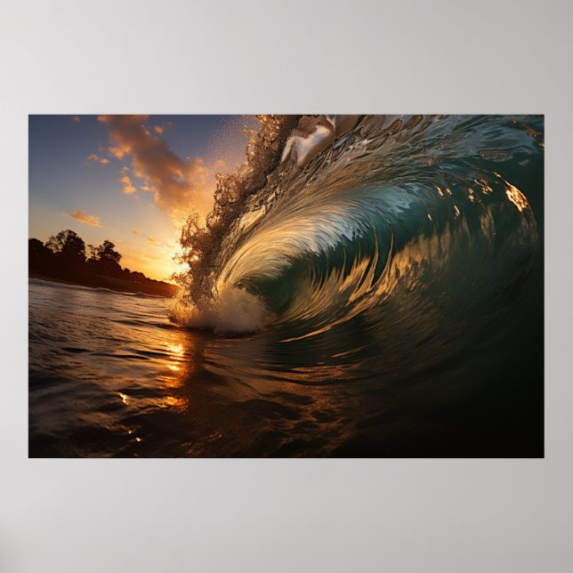 Ein nahes Bild einer riesigen Welle bei Sonnenunte Poster (Vorne)