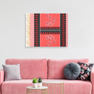 Ein nahes gemustertes, rotes und schwarzes Gewebe Leinwanddruck