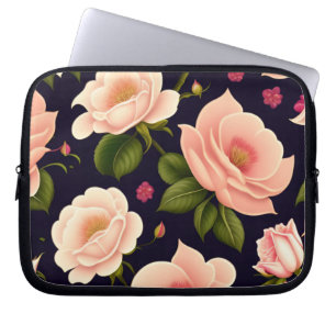 Ein nahtloses Muster mit rosa Rosen auf einem dunk Laptopschutzhülle