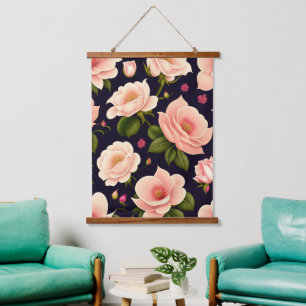 Ein nahtloses Muster mit rosa Rosen auf einem dunk Wandteppich Mit Holzrahmen
